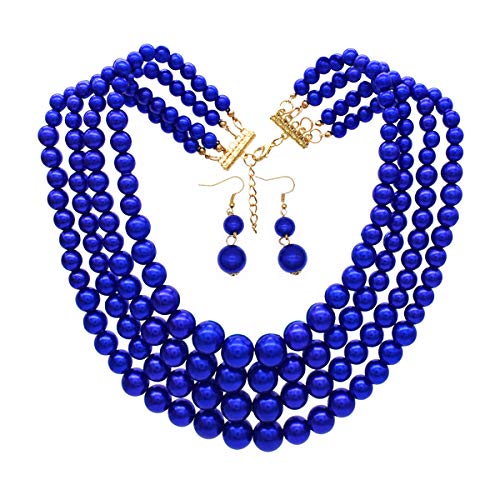 Women's Chunky Pearl Bib Necklace Bridal Necklace Wedding Pearls White Pearl and Crystal Cluster Necklace (4 Strands Pearl Necklace Royal Blue)