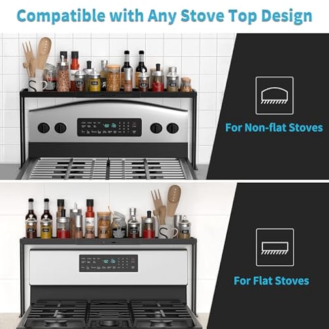 Stove Top Shelf, Kitchen Over Shelf for Stove, Stove Spice Rack for Top, Adjustable 27-33inch, Fits Various Stove Lengths, Kitchen Spice Organizer, Condiments and BBQ Sauces, Black