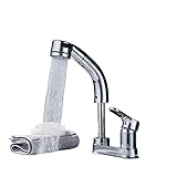 AVG 洗面台蛇口 混合水栓 シングルレバー ホース引き出し式 泡沫、シャワーが切り替え 360°回転 吐水口昇降 台付き2穴(シルバー)