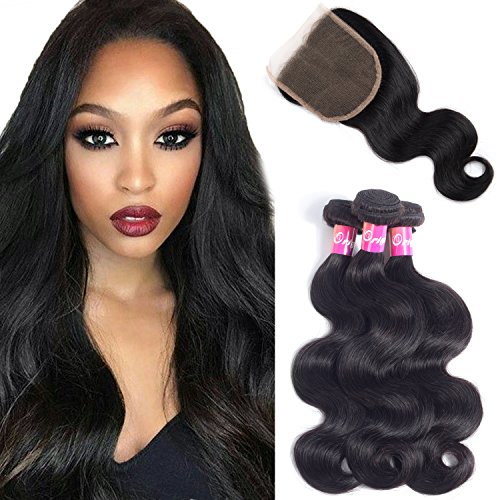 Brazilian Body Wave Bundles With Closure Virgin Hair 3 Bundles 100% Unprocessed Remy Human Hair Weave Weft Extensions Natural Color(20"22"24"+18"closure)