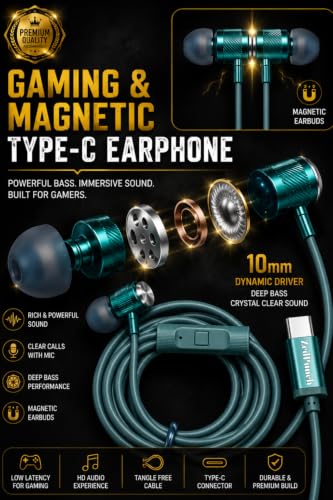 Image of ZedPunch Gaming Type-C Wired Earphone with Mic, 10mm Dynamic Bass Driver, Magnetic in-Ear Headphones, Low Latency Sound for Gaming, 1 Button Control, HD Calling, Voice Assistant (Dark Green)