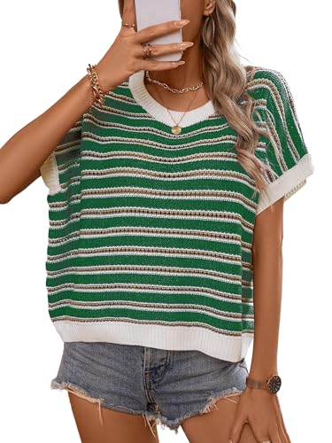 RICHSTORY Womens Short Sleeve Sweaters Spring Summer 2026 Casual Cap Sleeve Striped Pullover Tops Loose Round Neck Lightweight Hollow Out Knit Sweater Vest Green Small