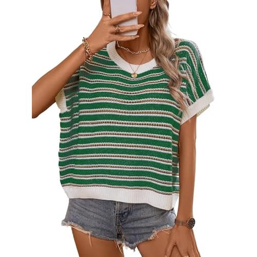 Short Sleeve Sweaters for Women 2026 Summer Casual Striped Cap Sleeve Tops Lightweight Hollow Out Knit Sweater Vest