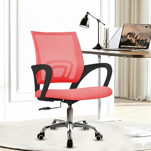 Image of Casa Copenhagen Mesh Mid Back Office /Study /Computer /Revolving /Desk Chair for Work from Home -Metal Base, Height Adjustable Seat- Rum Red & Black Handle