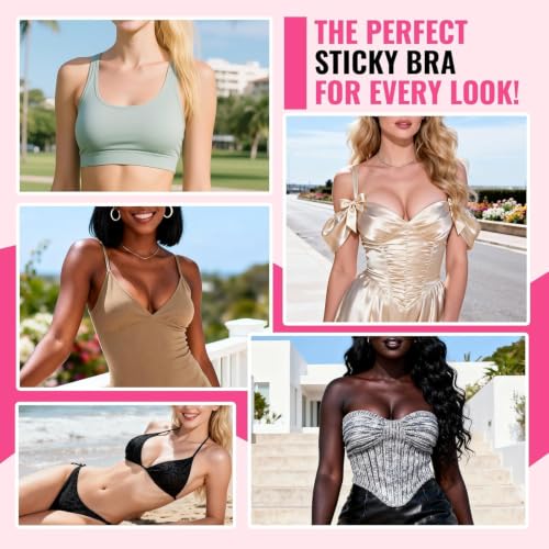 Image of Double Sided Sticky Bra Inserts, Invisible Push Up Sticky Bra Pads for Large Breasts, Stick on Bra for Bikini Swimsuits (Medium, Beige)