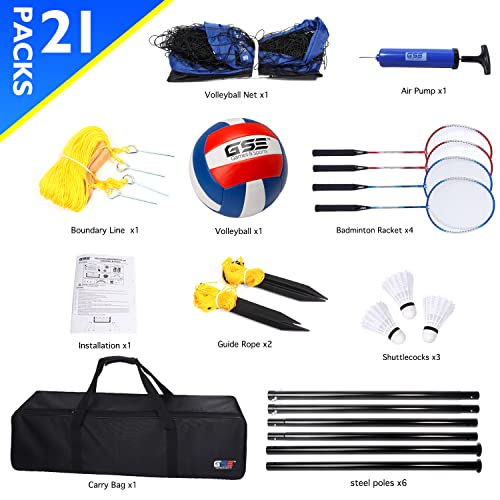 Gse Volleyball And Badminton Combo Set With Net, Portable Volleyball Net Set System For Backyard Lawn/Beach, Adjustable Height Steel Poles, Pu Volleyball With Pump And Carrying Bag(Recreational Set) #TOP2