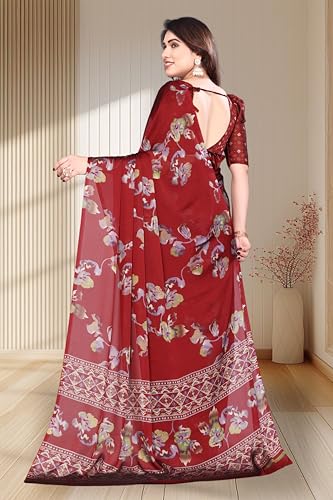 Image of SUPERLAXMI Women's Chiffon Floral Printed Saree with Blouse Piece