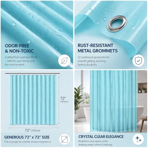 EHZNZIE Aqua Shower Curtain Liner 72x72, PEVA Waterproof Bath Curtain, No Chemical Smell, 3 Weighted Magnets, Durable with Rustproof Metal Grommets by EHZNZIE - Image 2