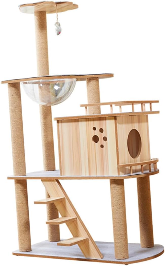 Homoyoyo Large Solid Wood Cat Tree with Multi-Layer Felt Cover Indoor Cat Climbing Tower and Scratching Post for Seasons and Kittens