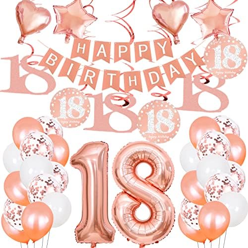 Yoart 18th Birthday Party Decorations for Women Girls White and Rose Gold Happy Birthday Banner Birthday Balloons Rose Gold Number 18 Balloon with Hanging Swirl (18th)