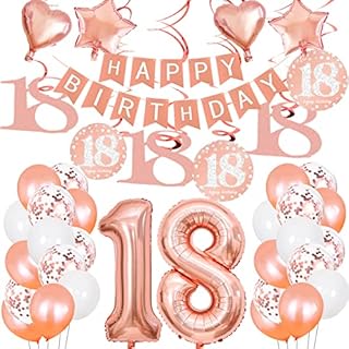 Yoart 18th Birthday Party Decorations for Women Girls White and Rose Gold Happy Birthday Banner Birthday Balloons Rose Gold Number 18 Balloon with Hanging Swirl (18th)