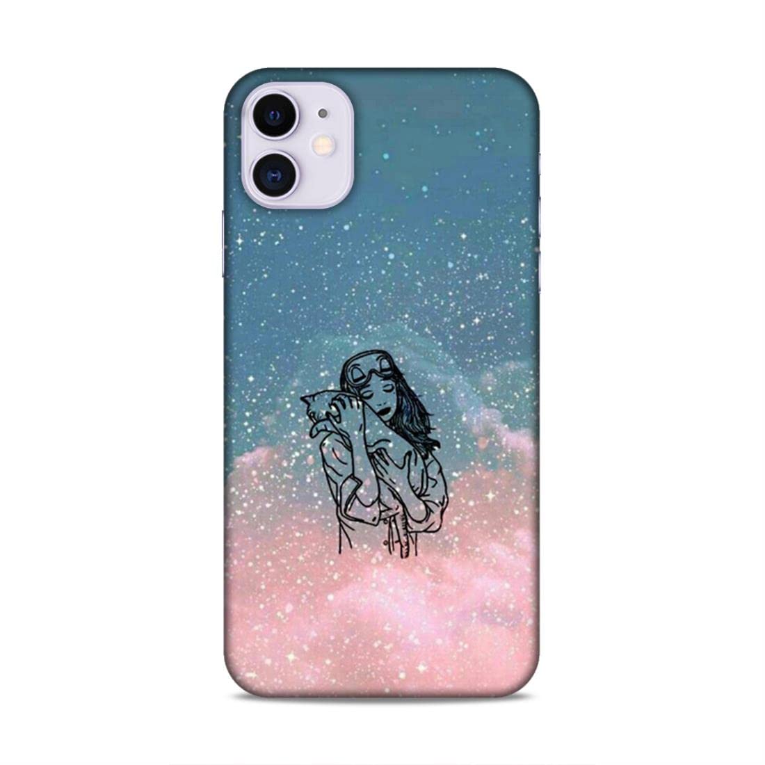 ragy Polycarbonate Hard Plastic Printed Back Cover for iPhone 11 Night, Cat Love, Cute Girl, Animal Lover-521