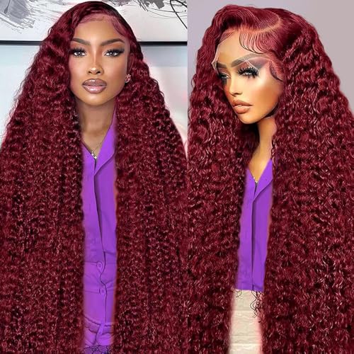 Armodeo 99J Burgundy Deep Wave Lace Front Wigs Human Hair 250 Density Curly Wig Wet and Wavy Lace Front Wigs Pre Plucked Frontal Wigs 22 Inch