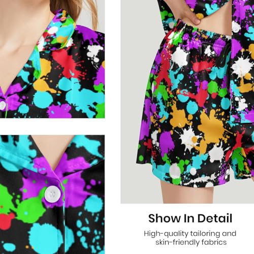 Image of Funny Pajamas for Women Set Print Satin Loungewear Pjs Short Sleeve Button Down Top and Shorts Sets Sleepwear XS-3XL