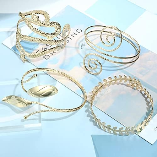 LOLIAS 4 Pcs Cuff Bangle Bracelet Adjustable Upper Arm Band Armlets for Women Smooth Open Gold Bracelets Boho Armband Cuff Wrist Wrap Minimalist Coil Armband
