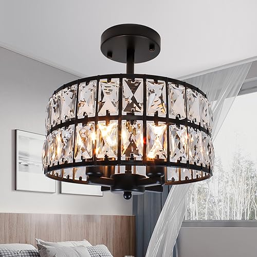 Image of Rviezza Crystal Ceiling Lights, 4-Light Metal Black Ceiling Pendant Light with E14 Bulb Base, Industrial Crystal Lighting Ceiling for Living Room, Bedroom, Kitchen, Dining Room