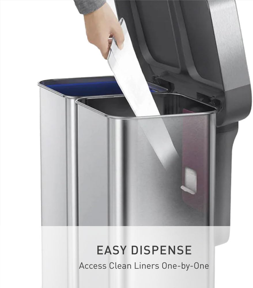 simplehuman 58 Liter / 15.3 Gallon Rectangular Hands-Free Dual Compartment Recycling Kitchen Step Trash Can with Soft-Close Lid, Brushed Stainless Steel