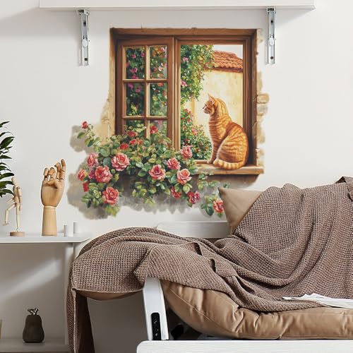ノーブランド品 ウォールステッカー 窓辺の猫 薔薇 ピンク クラシック スタイル ビニール マット フィニッシュ 窓辺の猫とバラ テーマ インテリア ウォールデコレーション シール [5]