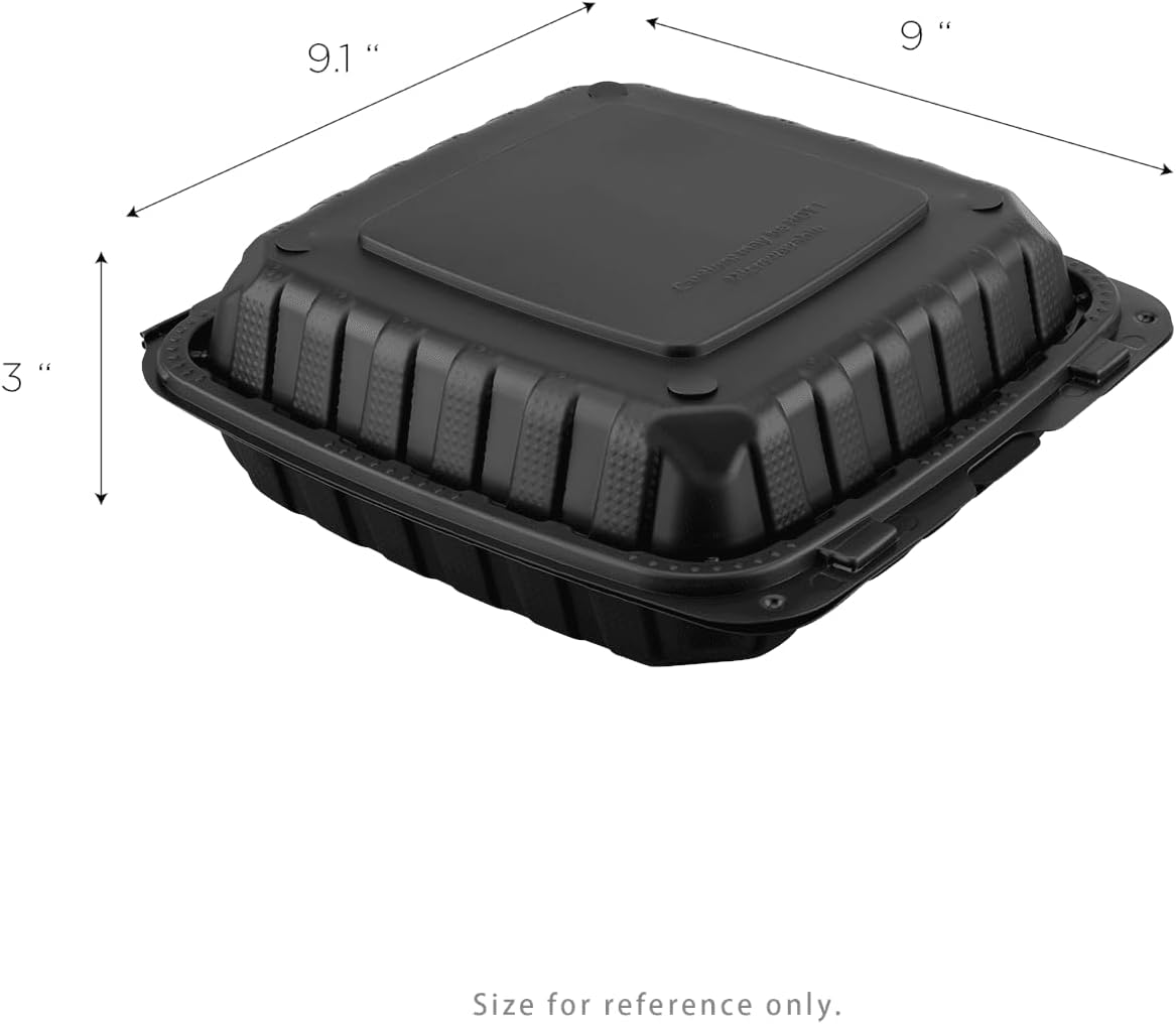 KARAT EARTH Clamshell Take Out Food Containers [9"x9" - 120 ct] To Go Containers | Microwavable, Freezer Safe, Soak-Resistant, Durable, Stackable | Vented for Hot/Cold Foods, Black