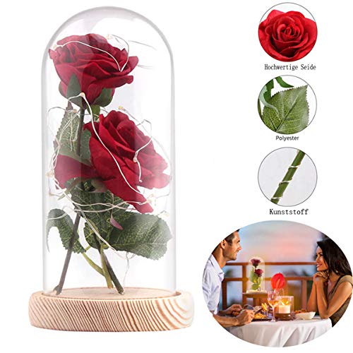ShangSky Lámpara de Seda Artificial,Rosa Bella y Bestia,Regalos Para Madres,Rosa de seda roja y luz LED con pétalos caídos,para Día de la Madre boda San Valentín,Aniversario