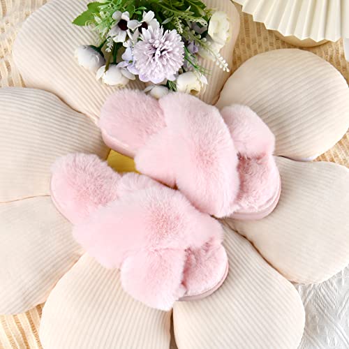 Halendik Women-Cross-Band-House-Slippers Fluffy, Fuzzy Open Toe Womens Bedroom Slippers Memory Foam, Comfy Plush Fur Indoor Slippers For Women Slip On, Soft Pink Ladies Slippers Size 7 8 #TOP4