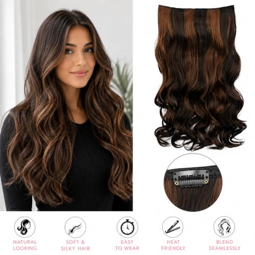 Image of Women Hair Extension Long Curly Wavy Dark Brown With Chestnut Highlight 18 Inches Hairpiece With 5 BB Clip /Hair Extension for Women Party /Halloween /Christmas
