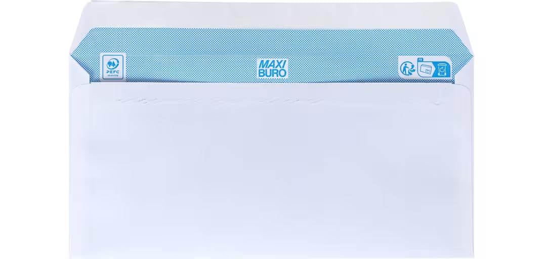 Boîte de 500 enveloppes blanches 110 x 220 mm format DL avec bande protectrice, avec fenêtre 35 x 100 mm - Maxiburo