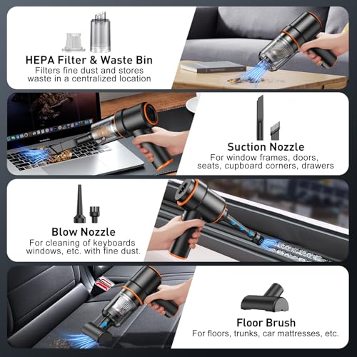 Image of KMM Handheld Car Vacuum Cleaner, 9000PA Vacuum Cleaner & Air Duster, 120W High Power Vacuum Portable Cordless, Hand Held Vacuum Rechargeable with Multi-Nozzles & LED Light for Home, Car, Office
