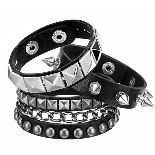 Grevosea 3 Stück Nieten Armband Punk Rock Leder Nietenarmband Herren Damen Armband Emo Accessoires Gothic Breites mit Verschluss für Party/Konzert/Cosplay