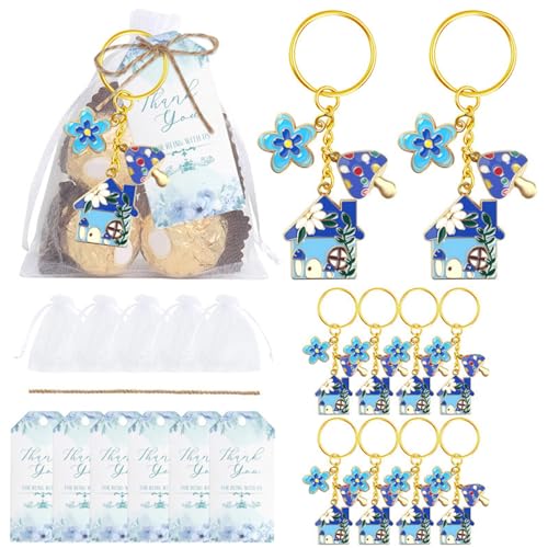 Juego de 10 llaveros de casa de hongos, llavero de recuerdo de fiesta, con tarjetas de agradecimiento para regalo de despedida de soltera