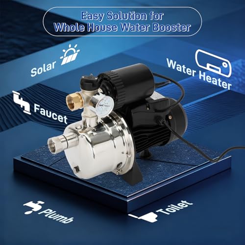 3/4 HP Water Pressure Booster Pump for Home, 1050 GPH Shallow Well Jet Pump with 1in NPT Connector Assembly, 44 PSI 110V Stainless Steel Sprinkler Booster Pump, for Whole House, Lawn, Garden