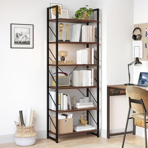 DWVO Industrial Book Shelf 6 Tier Bookshelf Tall Bookcase, Open Display Storage Rack Shelves for Living Room/Bedroom/Home/Office/Kitchen, Rustic Brown