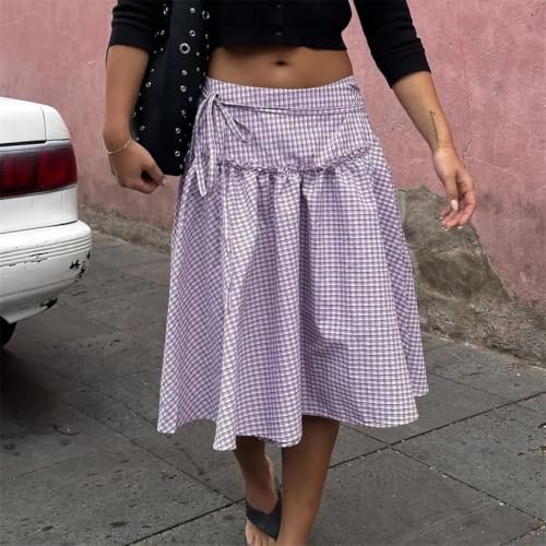 Womens Vintage Aesthetic Plaid Print Straps Lace-Up Ruffled Low Waist Belted Midi A-Line Skirts2