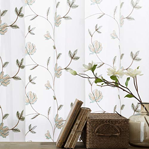 Floral Embroidered Sheer Curtains for Bedroom Drapes Semi Sheer Curtains for Living Room Embroidery Curtain Panels Blue 84 inches Long Rod Pocket 2 Pieces