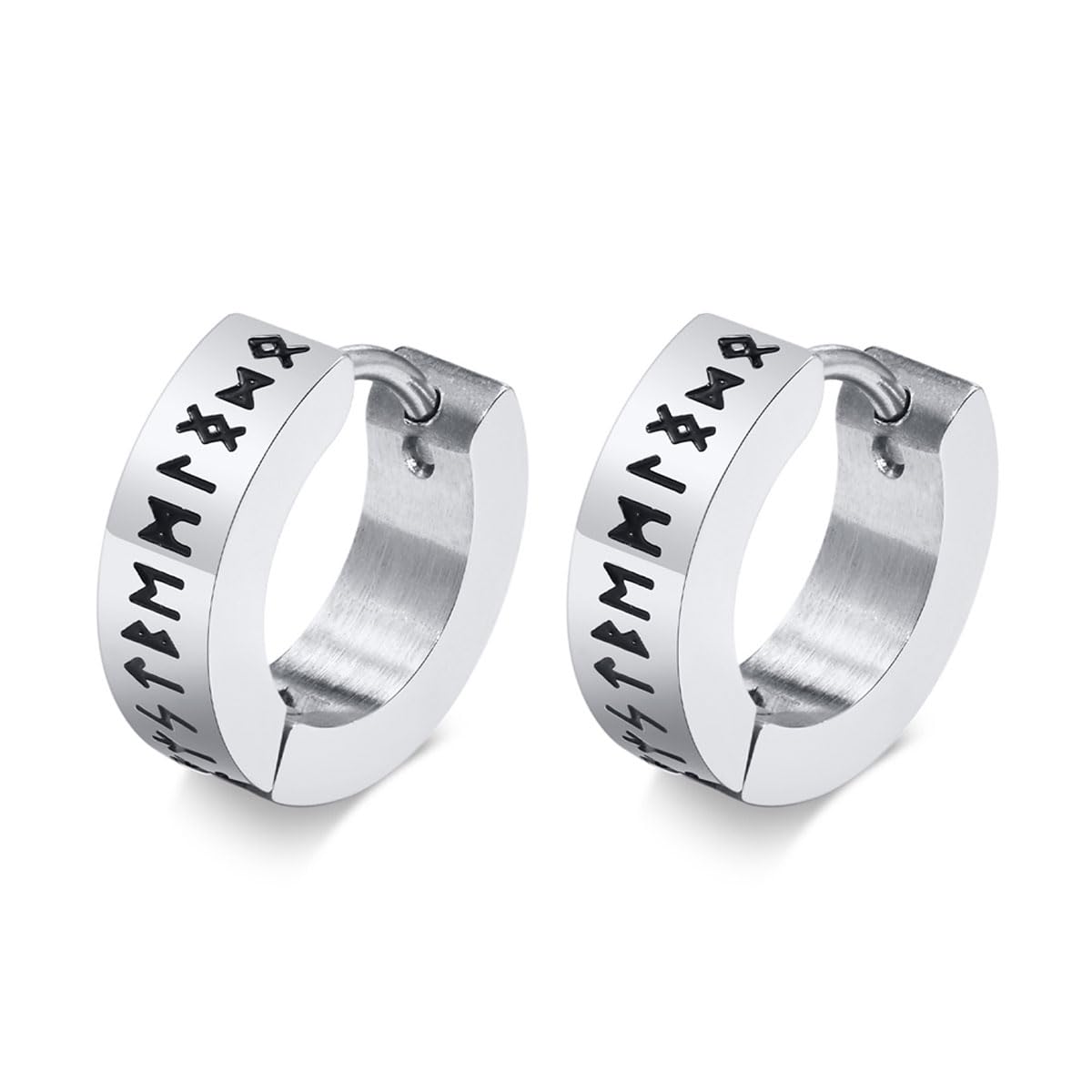 MQLSAERI 1 par de pendientes de aro vikingos nórdicos para hombre, amuleto de protección, regalos de joyería, pendientes de acero inoxidable para hombre con runas nórdicas de anciano Futhark, plata