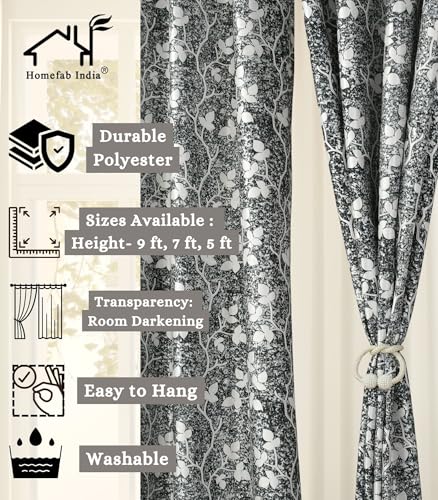 Image of Homefab India 2 Piece Polyester Printed Curtains Room Darkening Panel - Window 5 feet, Petals Black Curtain