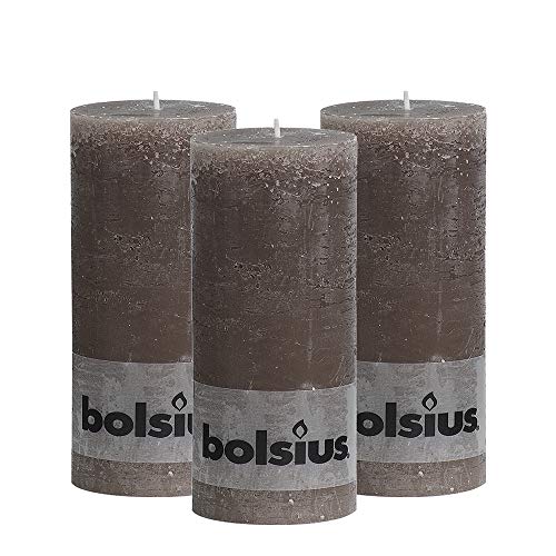 bolsius rustic taupe unscented pillar candles - 2.75" x 7.5" decoration candles set of 3 - clean burning dripless dinner candles for wedding & home decor party restaurant spa- aprox (190/68m)