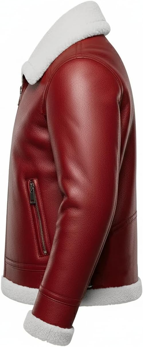 Men’s Christmas Leather Jacket, Santa Claus Faux Shearling Coat, Real Lambskin Winter Holiday Jacket - Image 3