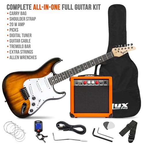 Image of LyxPro Full Size Electric Guitar with 20w Amp, Package Includes All Accessories, Digital Tuner, Strings, Picks, Tremolo Bar, Shoulder Strap, and Case Bag Complete Beginner Starter kit Pack,Sunburst