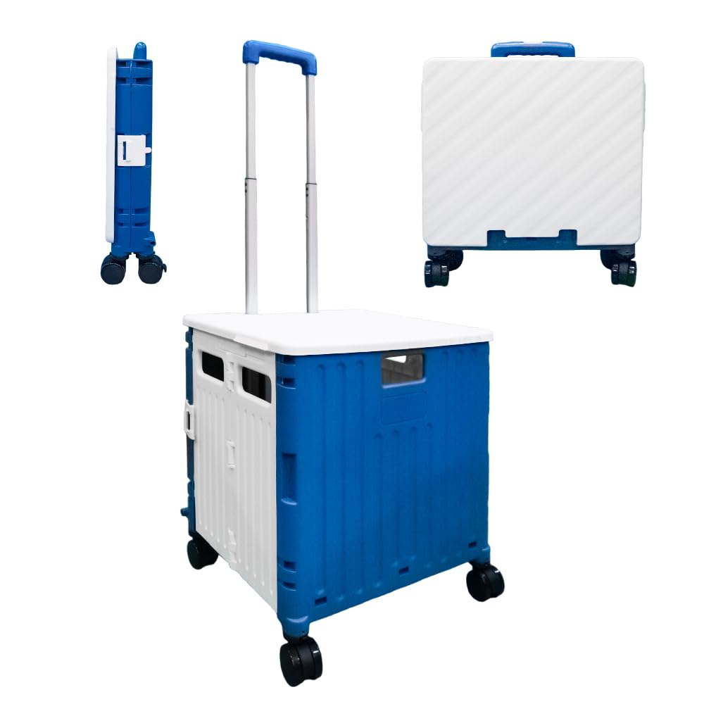 Berry 40 KG Shopping Trolley on Wheels with 50L Capacity - Plastic Folding Trolley Cart with 4 Wheels and Lid - Pull Along Trolley, Ideal for Camping, Picnics, Households, Office - Blue & White