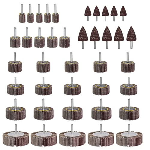 Cheerwe 40 Pack Abrasive Flap Wheel Sander, 80 Grit 1/4 Inch Shank Mounted Sanding Wheel for Drill, Aluminum Oxide Flap Sanding and Cone Shape Sandpaper Wheels for Grinding and Polishing, 8 Sizes