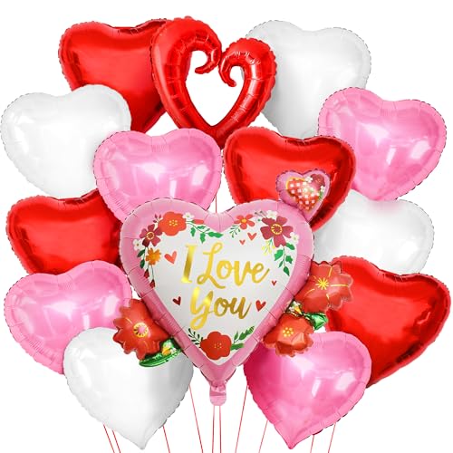 KatchOn Big I Love You Balloons - 26 Inch Pack of 14 | Pink and Red Heart Shaped 18 Inch | Valentines Day Decorations | Romantic Special Night