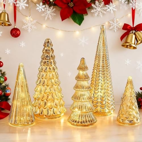 Figuras navideñas iluminadas y 5 árboles de Navidad de cristal de mercurio dorado para hogar 2