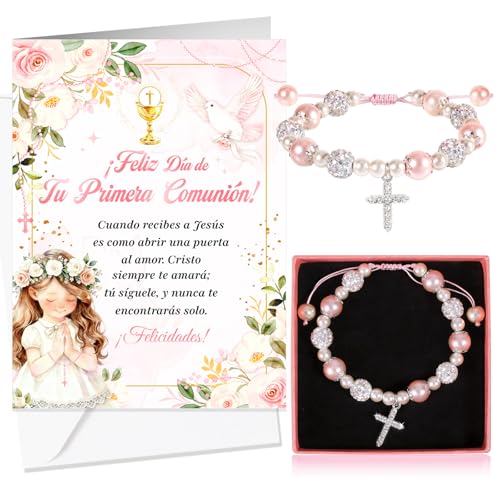 HOWAF Tarjeta Comunión Niña, Tarjeta Felicitación Primera Comunión & Pulsera Cruz de Perlas Rosa para Regalos Comunion Niña, Regalos de Comunion