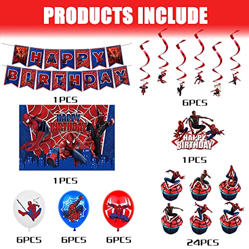 Spider Birthday Decorations Spider Theme Party Supplies For Kids Boys Include Happy Birthday Banner, Cake Topper, Backdrop, 6 Hanging Swirls, 18 Latex Balloons, 24 Cupcake Toppers #TOP1