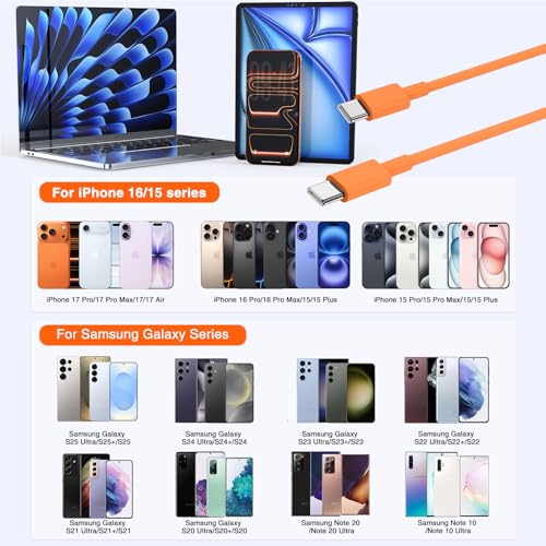 Image of 2pack 6ft USB C to C Cable, 60W Type C to Type C Fast Charging Cord for iPhone 17 16 15 Pro, Pro Max, Plus, iPad Pro, MacBook Air 13 inch, iPad Pro, Air, for Samsung Galaxy S25 and More, Orange