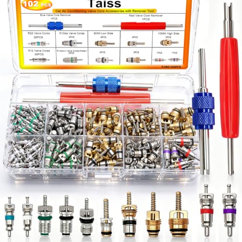 Image of Taiss 102PCS Car Air Conditioner Valve Core Accessories Kit with valve core Remover Tool R12 R134a Refrigeration Tire Valve Stem Cores A /C valve core kit F-090-102PCS