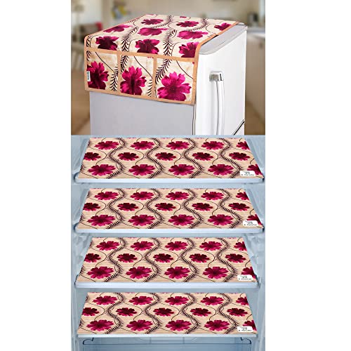Image of Combo Set of 1 Pc Fridge Top Cover With 6 Utility Pockets and 4 Pc Fridge Mats (Golden, Set of 5)