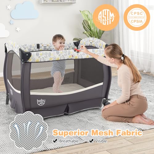 Image of BABY JOY 4 in 1 Pack and Play, Portable Baby Playard with Bassinet & Flip-Away Changing Table, Canopy, Portable Bedside Crib with Storage Basket, Oxford Bag, Infant Bassinet from Newborn to Toddlers