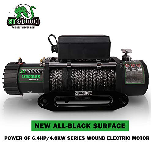 STEGODON New 13000 lb. Load Capacity Electric Winch,12V Synthetic Rope Electric Winch with Hawse Fairlead,Waterproof IP67 Winch with Wireless Handheld Remotes and Wired Handle(All Black) - Thumbnail 4